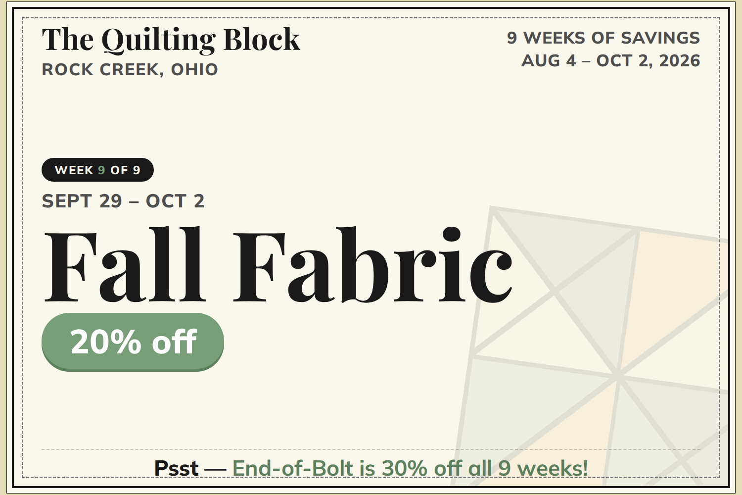 The Quilting Block – 9 Weeks of Savings 