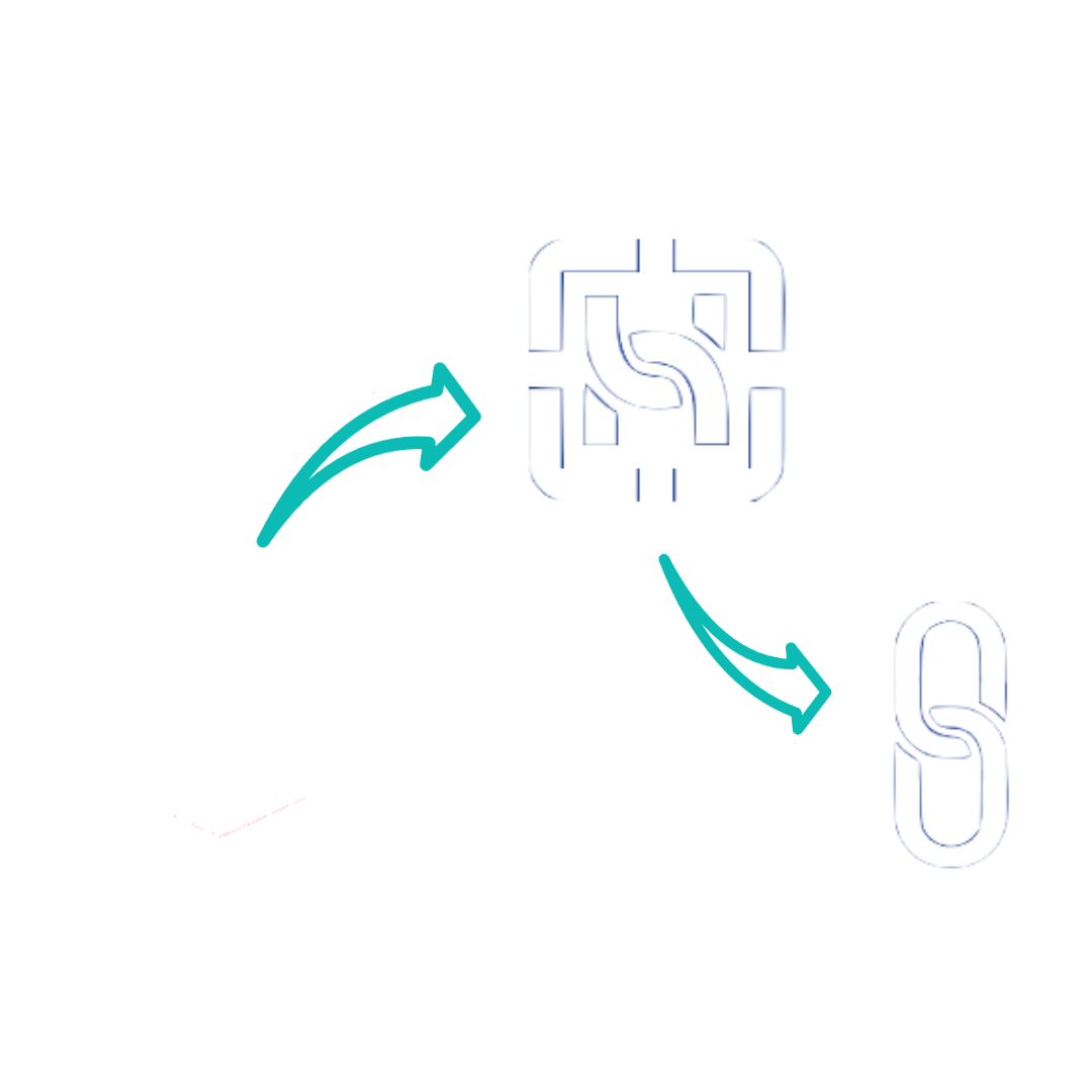 Diagramme avec deux engrenages connectés, l'un en haut et l'autre en bas. Ils sont liés par un symbole de chaîne, indiquant une connexion ou un processus feed-back.