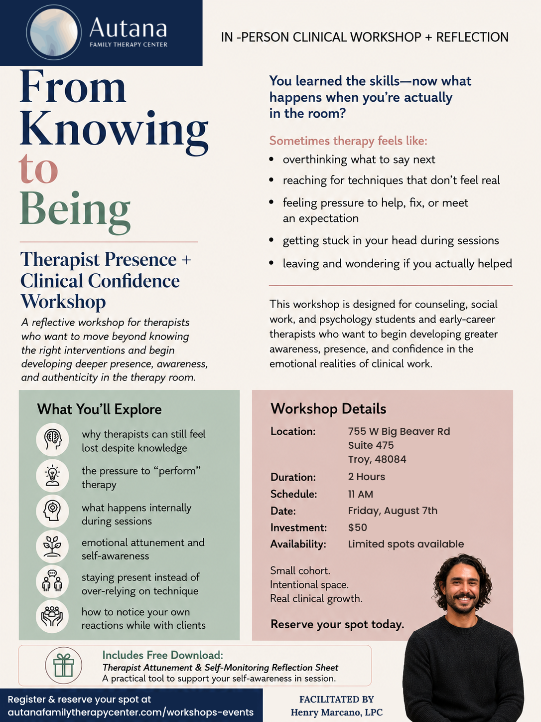 Flyer for 'From Knowing to Being' therapist workshop at Autana Family Therapy Center, scheduled for August 7th at 11 am, covering counseling skills, emotional awareness, and self-monitoring tools, with a photo of a smiling man.