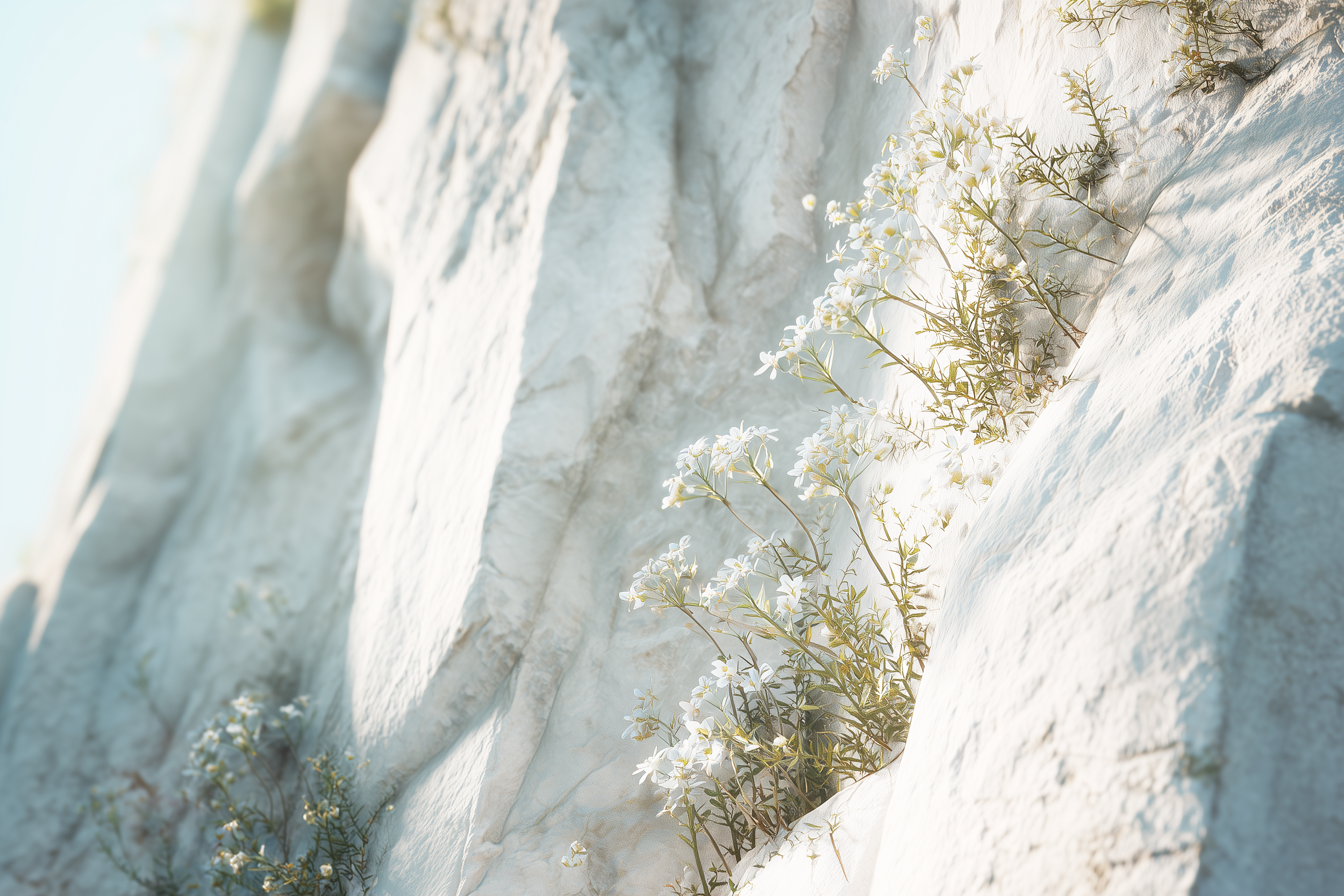 White flowers growing in crevices on a white rocky cliff face.
