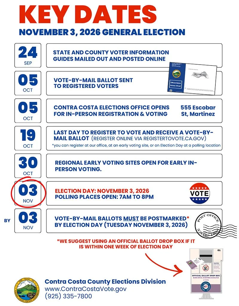 Flyer with calendar of Nov. 3, 2026 General Election key dates, including 10/5 ballots sent to registered voters; 10/19 last day to register to vote and receive a mail ballot; 10/30 early voting sites open; 11/3 Election Day, polls open 7am-8pm