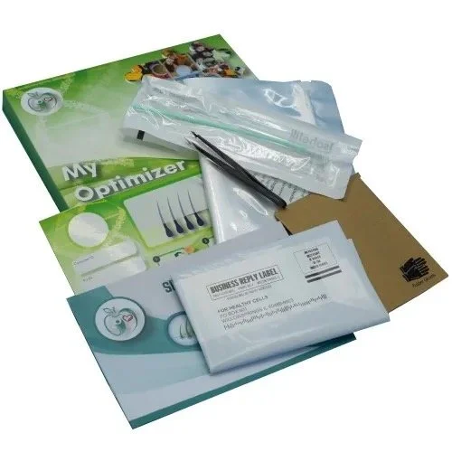 Supplies including a green booklet labeled 'My Optimizer,' a plastic bag with a syringe, a pair of tweezers, a small envelope, and a brown card.