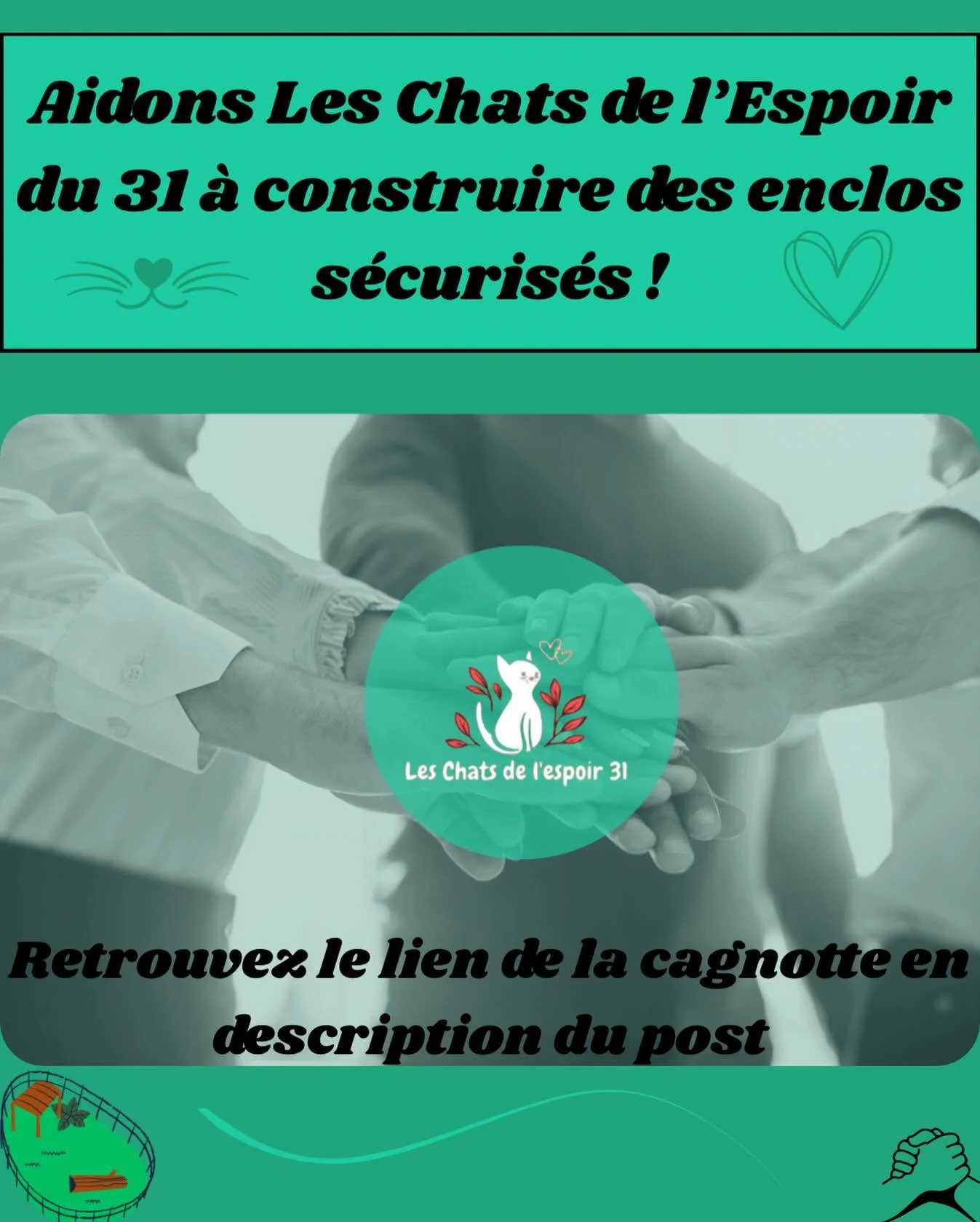 Lien de la cagnotte : https://www.helloasso.com/associations/les-chats-de-l-espoir-du-31/collectes/aidons-les-chats-de-l-espoir-du-31-a-construire-des-enclos-securises