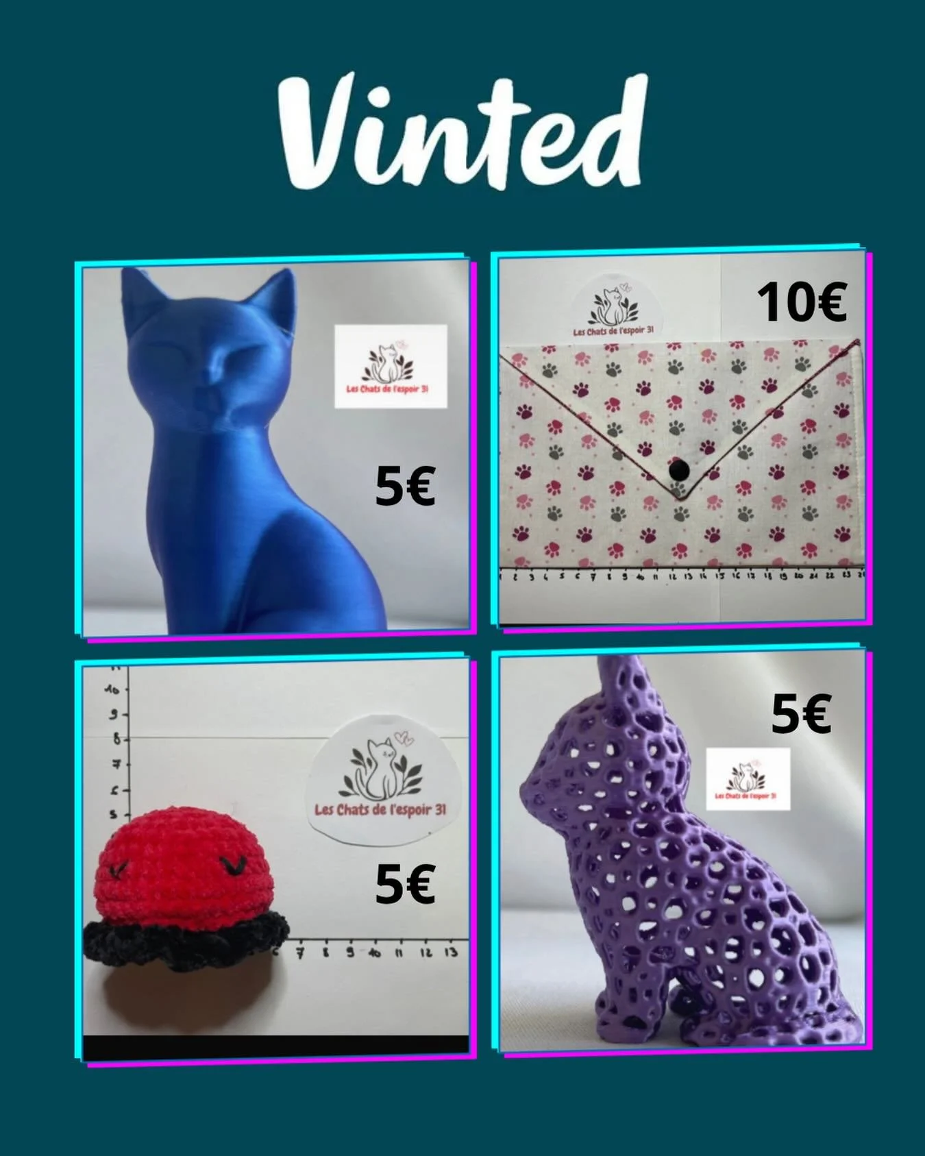 🐾 Bonjour &agrave; tous 🐾

Pour nous aider &agrave; financer les croquettes, les soins et tout le n&eacute;cessaire pour nos petits prot&eacute;g&eacute;s🐱, nous r&eacute;alisons et vendons des objets faits main, avec beaucoup d&rsquo;amour ❤️

Su