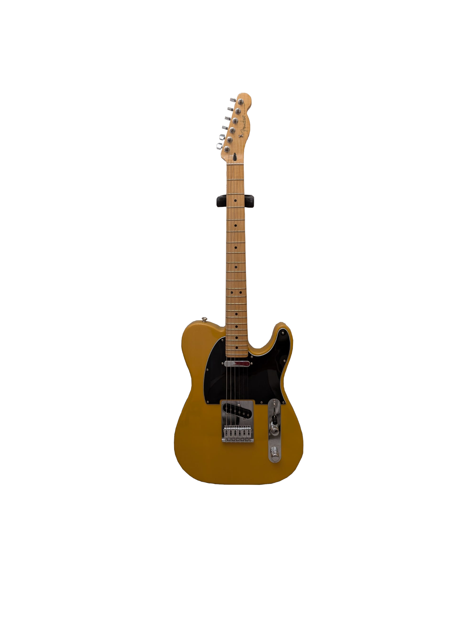 A vintage yellow electric guitar with a black pickguard, maple neck, and chrome hardware.