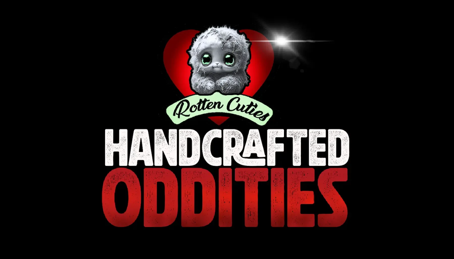 Graphic design with a small furry creature resembling a puppy with large green eyes, sitting in front of a red heart, above the words "Rotten Cuties" in green, and "Handcrafted Oddities" in white and red text.