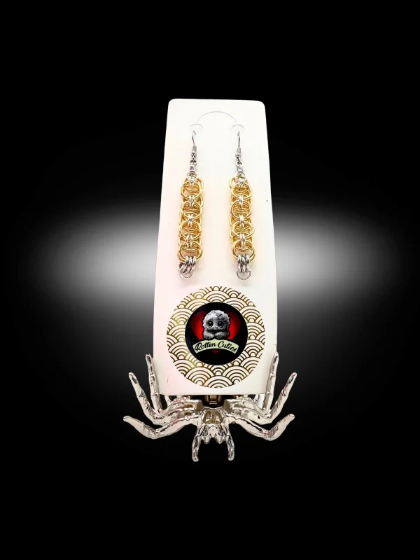 Commitment Issues chainmail earrings on display card with gold and silver tones