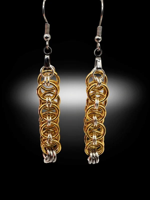 Commitment Issues earrings close-up showing mixed metal chainmail texture