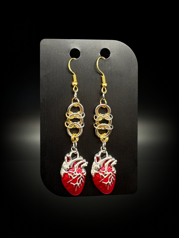 Softcore Heart gothic chainmail earrings on black display card