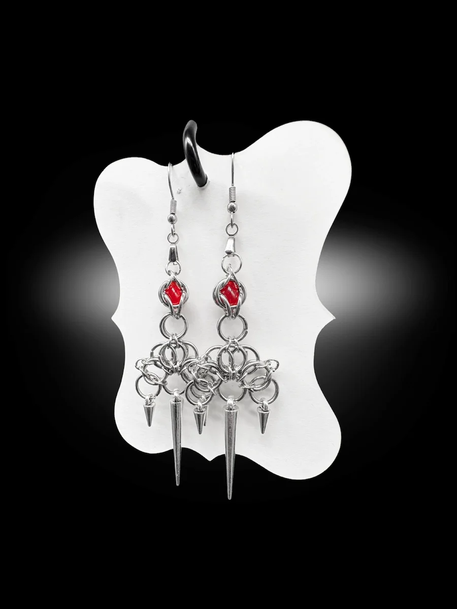 Spiked chainmail earrings with silver rings and dangling spikes gothic style
