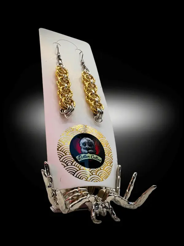 Mixed metal chainmail earrings detail gold and silver rings handmade jewelry