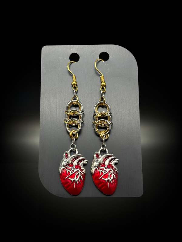 Bleeding Heart gothic chainmail earrings on black display card