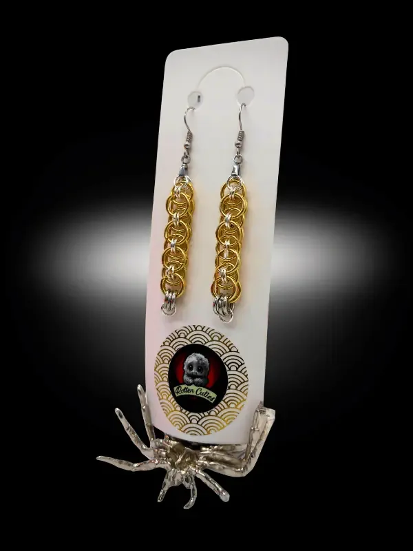 Commitment Issues handmade chainmail earrings angled view showing shine and detail