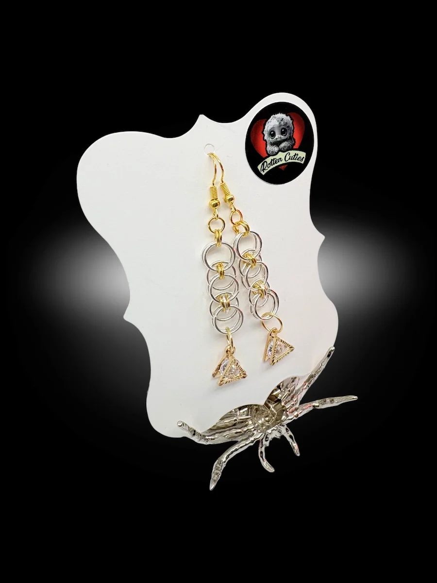 mixed metal chainmail earrings worn showing length and movement