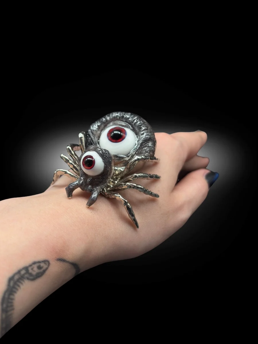 small tabletop spider figurine with glass eyes gothic oddity decor