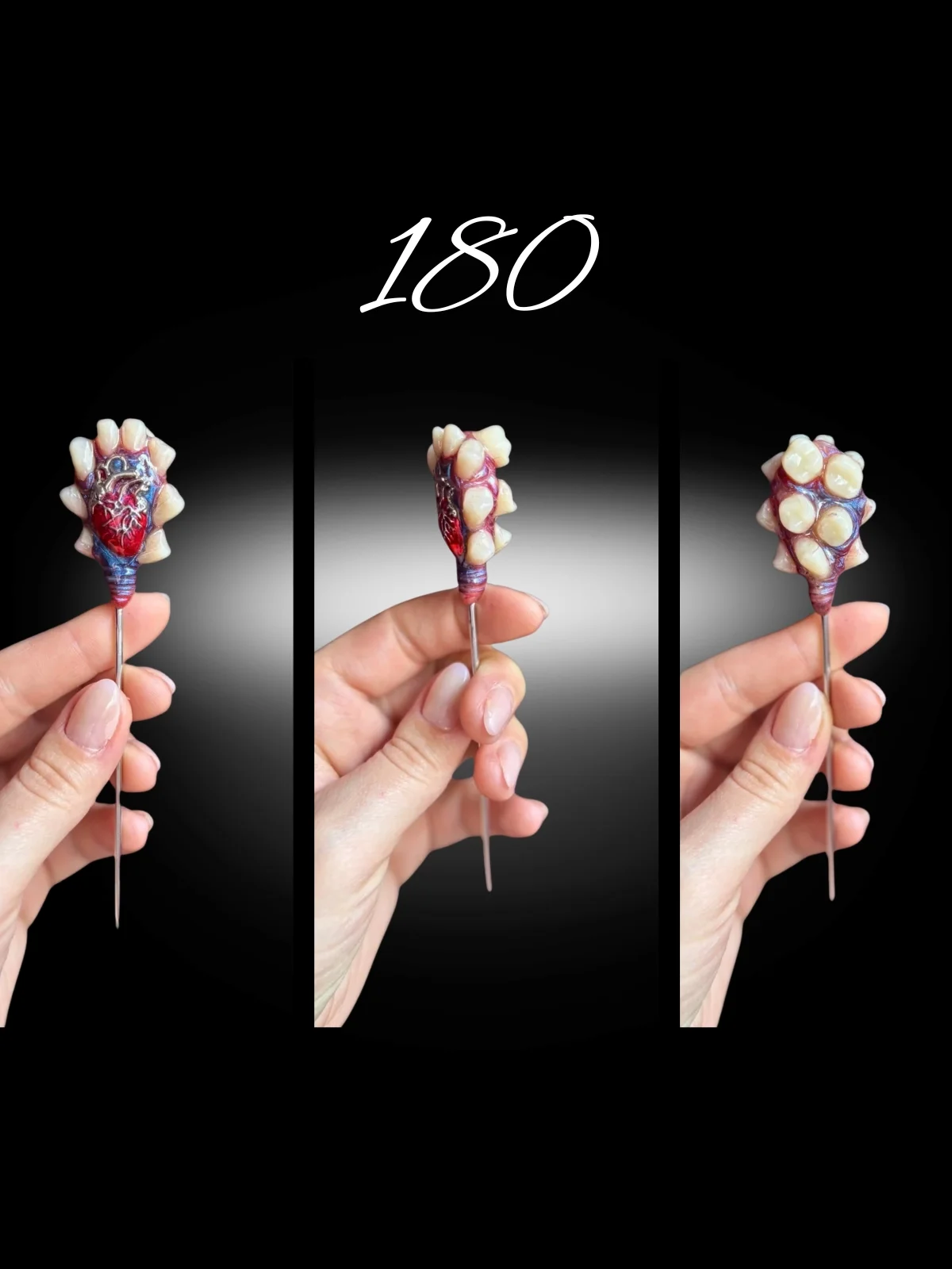 Dark Hearted cocktail picks held in hand showing size and detail