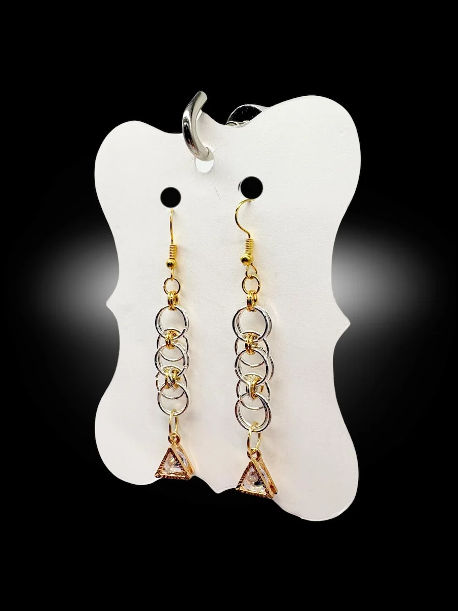 handmade mixed metal earrings with interlocking rings and crystal triangle charm