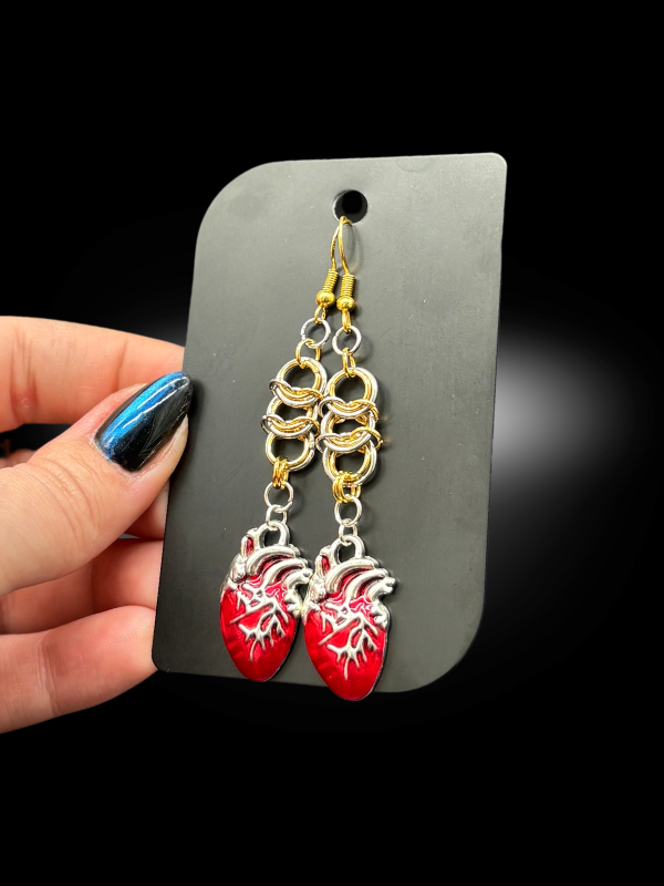 Bleeding Heart chainmail earrings detail showing anatomical heart design
