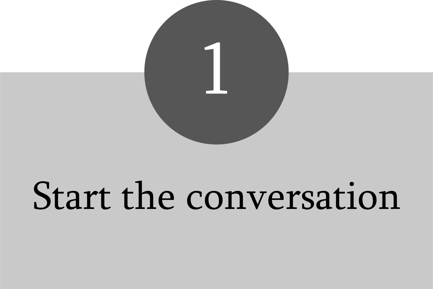A grey and black animated screen with a large circle showing the number 1 and the text "Start the conversation" underneath.