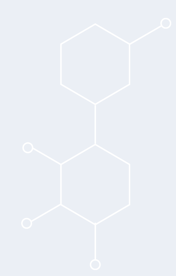 The image shows a blank, light blue background with two overlapping white chemical structure diagrams featuring hexagonal rings and lines connecting them.