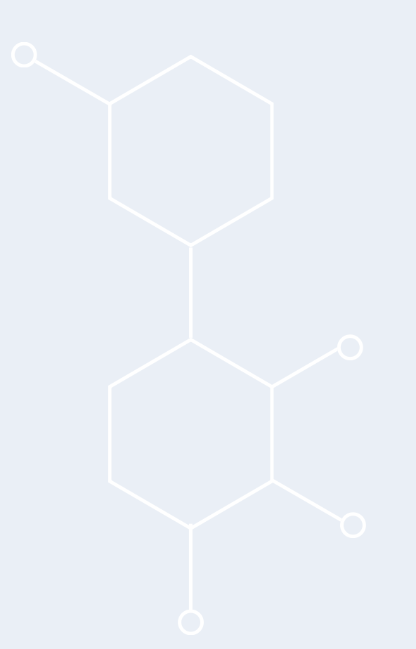 Light blue background with white outline chemical structure diagram featuring two hexagonal rings connected by lines, with additional lines and circles attached.