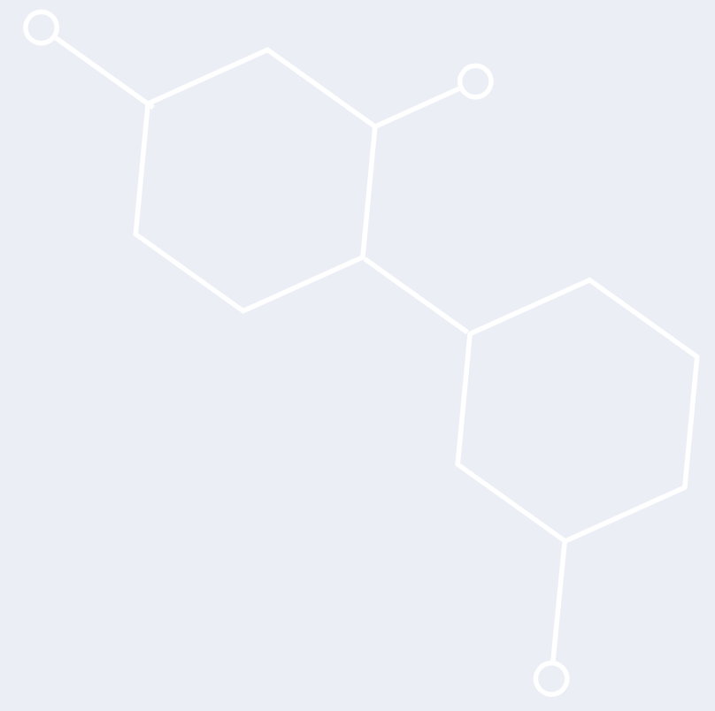Light blue background with white hexagonal and circular chemical structure outlines.