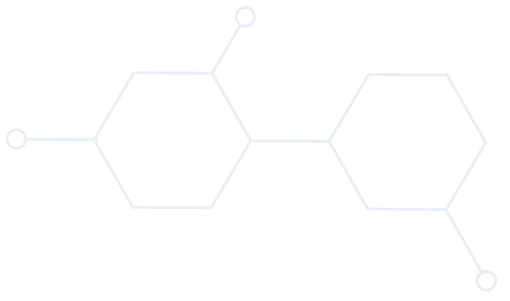 A light blue molecular structure diagram with hexagons connected by lines, resembling a chemical compound.