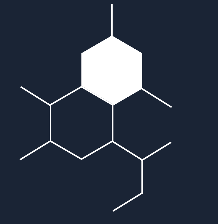 A digital graphic with a dark background featuring interconnected white hexagons, forming a molecular or chemical structure.