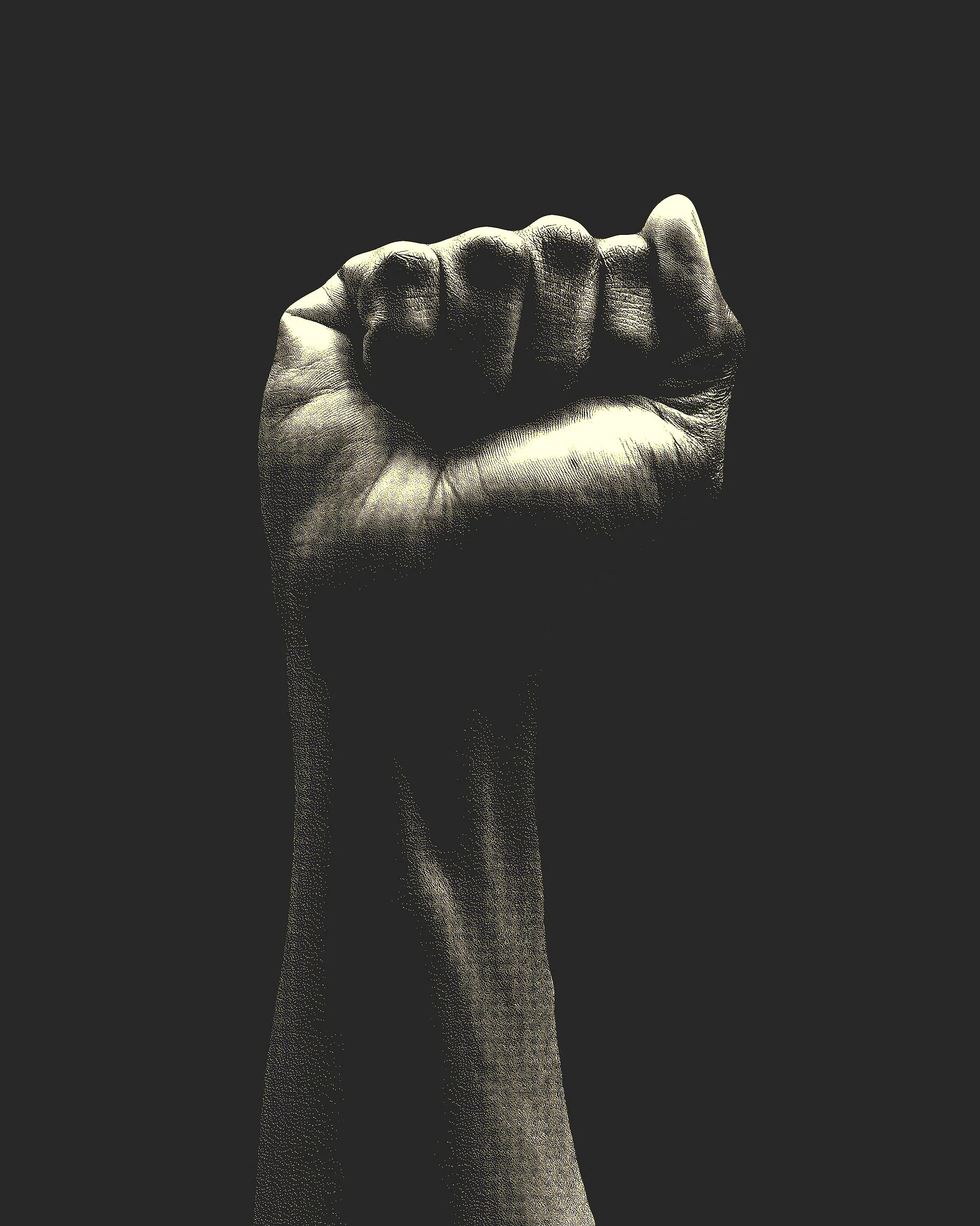 A clenched fist raised against a black background, symbolizing strength or resistance.