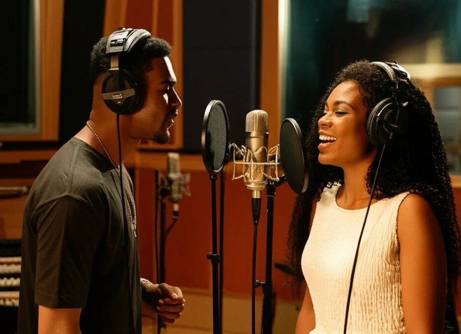 A man and woman are in a recording studio, singing into microphones with headphones on, smiling and looking at each other.