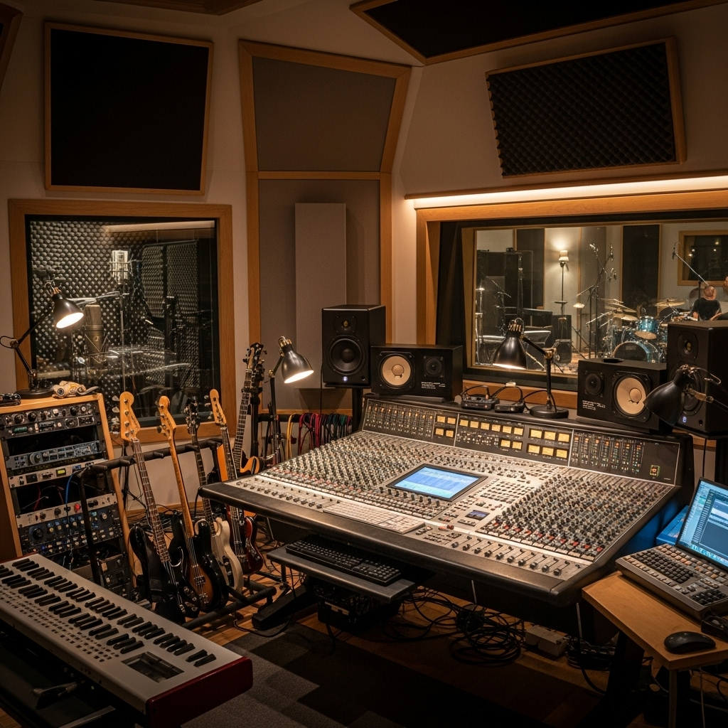 Inside a professional recording studio with sound mixing equipment, guitars, and a window into the drum recording area.