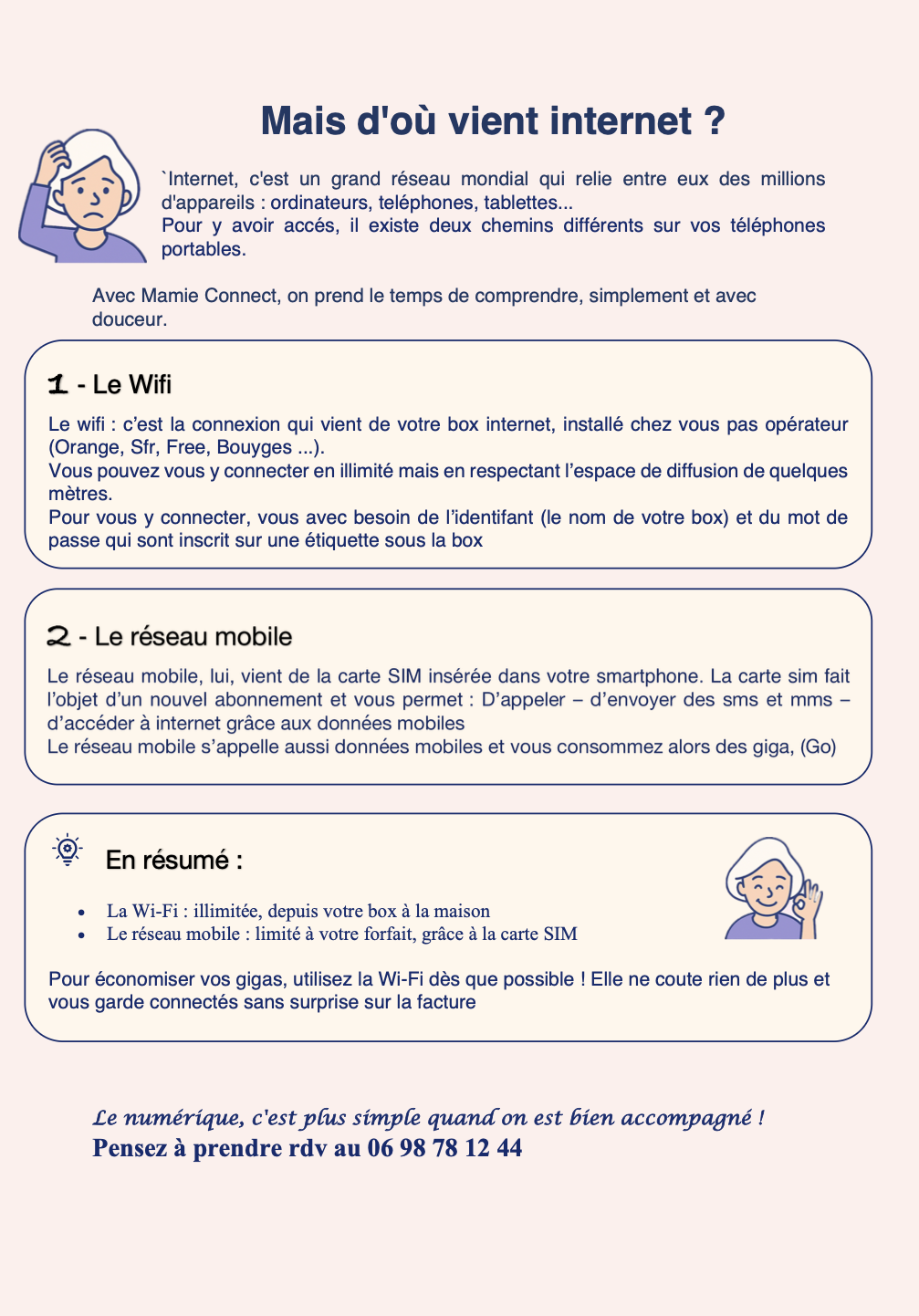 Infographie expliquant d'où vient l'internet, avec un focus sur le Wi-Fi et le réseau mobile. Illustration d'une femme âgée faisant un geste d'approbation.