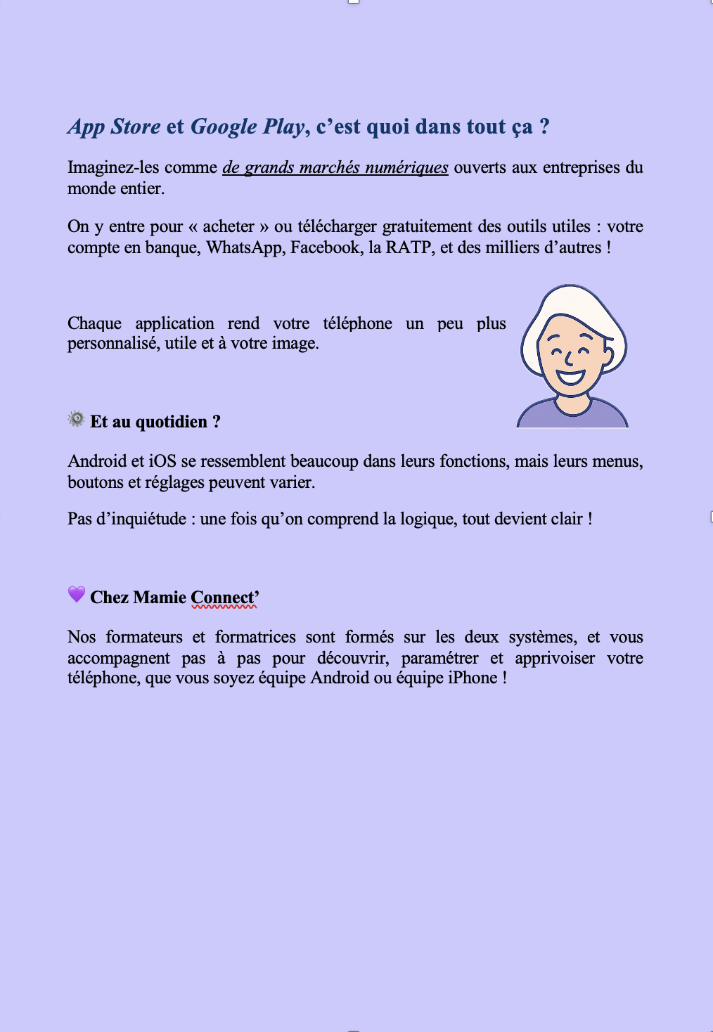 Page de document avec texte en français sur les applications mobiles et l'utilisation quotidienne. Inclut une illustration d'une femme souriante et un cœur violet.