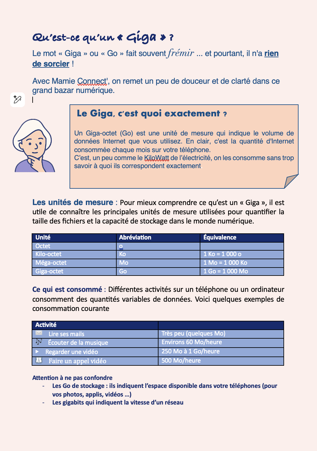 Page d'explication en français sur ce qu'est un Giga, avec une illustration d'une personne qui pense, et un tableau présentant les unités de mesure en informatique, telles que Octet, Kilo-octet, Méga-octet, Giga-octet, avec leurs abréviations et équi