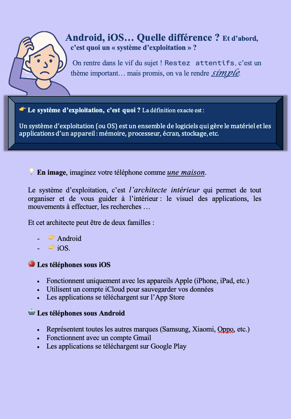 Infographie en français expliquant la différence entre Android et iOS, avec une illustration d'une personne qui semble confuse, et des sections sur le système d'exploitation, les appareils iOS et Android, et leurs fonctionnalités.