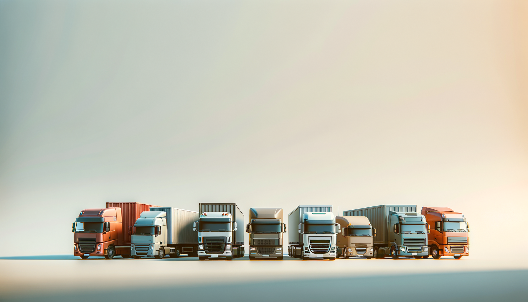 A lineup of seven semi-trucks and trailers visible from the front, parked on a flat surface with a plain gradient background.