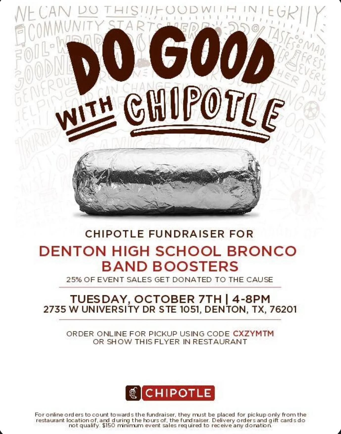 Tomorrow we have a band fundraiser at Chipotle!! Head on over to the Chipotle on west University and show them this flyer to show your support for your POBC band! Band kids, head over before our stadium rehearsal tomorrow evening! 🌯❤️
-
-
-
#fundrai