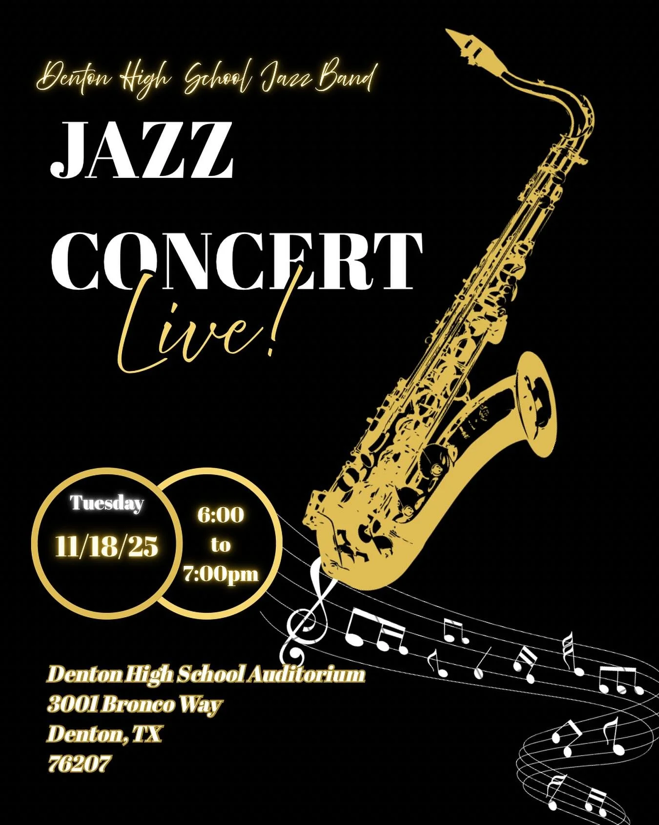 Coming up tomorrow, your Denton High Jazz Band will be performing in their winter jazz concert in the auditorium from 6-7pm! Come out and enjoy some lovely tunes from the various ensembles showcasing their talents tomorrow! 🎷🎞️
-
[disclaimer: song 