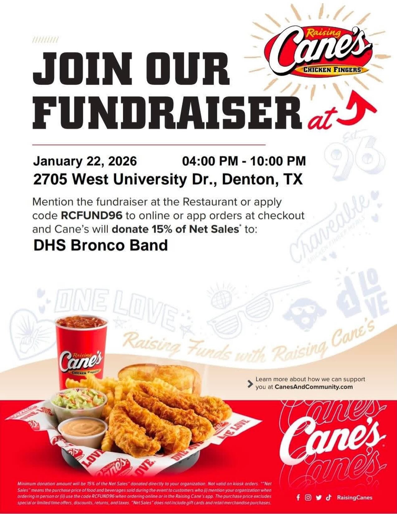 Tomorrow (1/22/26), your POBC band is having a fundraiser at Raising Cane&rsquo;s here at Rayzor Ranch!!! Come on out and get some chicken to support all of our lovely band and colorguard students and staff!! Can&rsquo;t wait to see you there!! 🐔🦮&