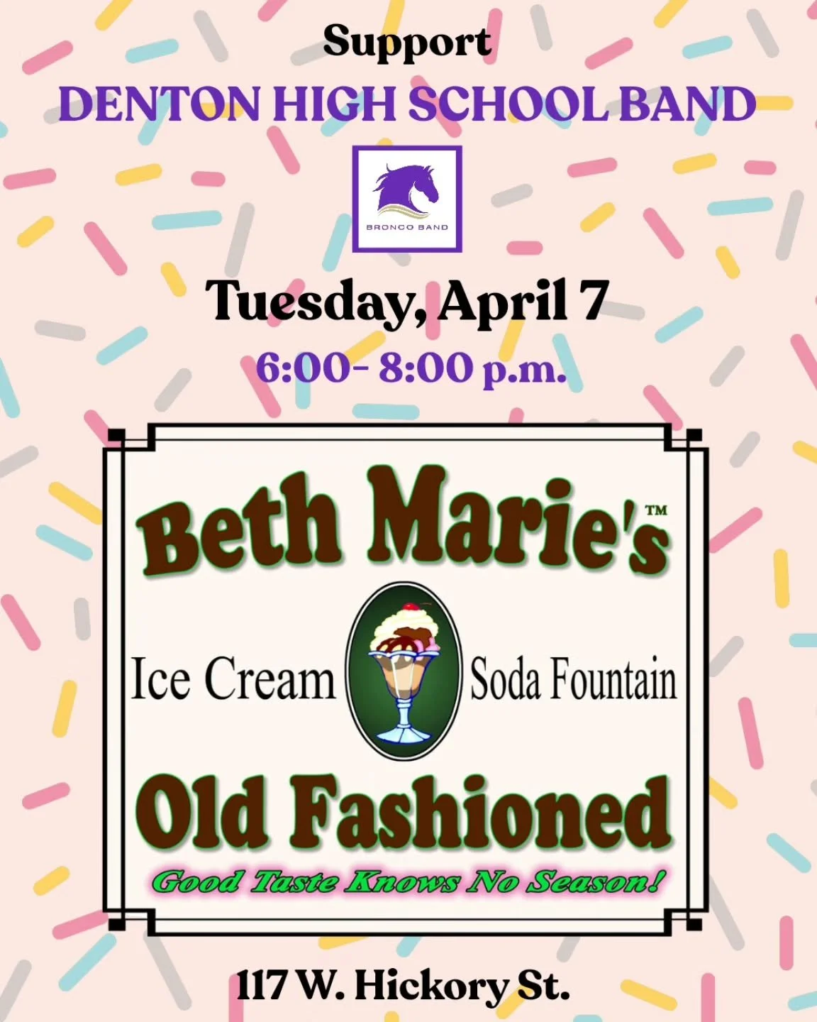 Join us for a night out at Beth Marie's Ice Cream on the Square on April 7th from 6&ndash;8 PM! Support the talented students of the Bronco Band while enjoying your favorite scoops. Guest ice cream scoopers will help dish out the fun for a great caus
