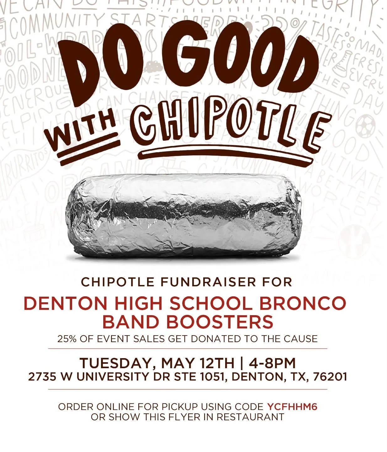 That's a Wrap! Last fundraiser of the year is tomorrow, Tuesday May 12th from 4:00 - 8:00 p.m.! Order online using code YCFHHM6.