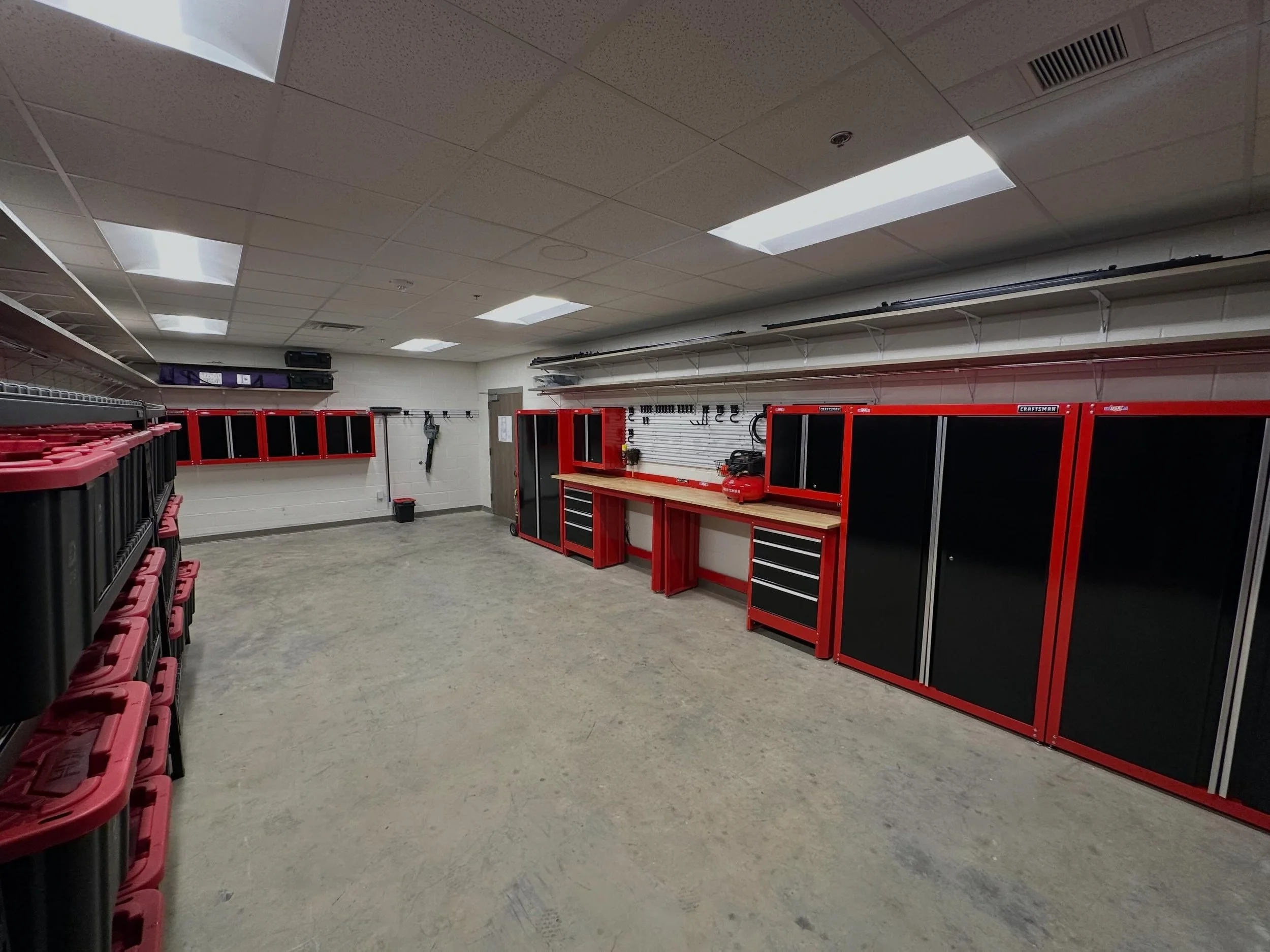 We have been working so hard to get more organized for next year! Special thanks to our students and parents who have helped us get the storage room off the ground. Each cabinet was wired for power today as well. New coolers that roll and our new rai