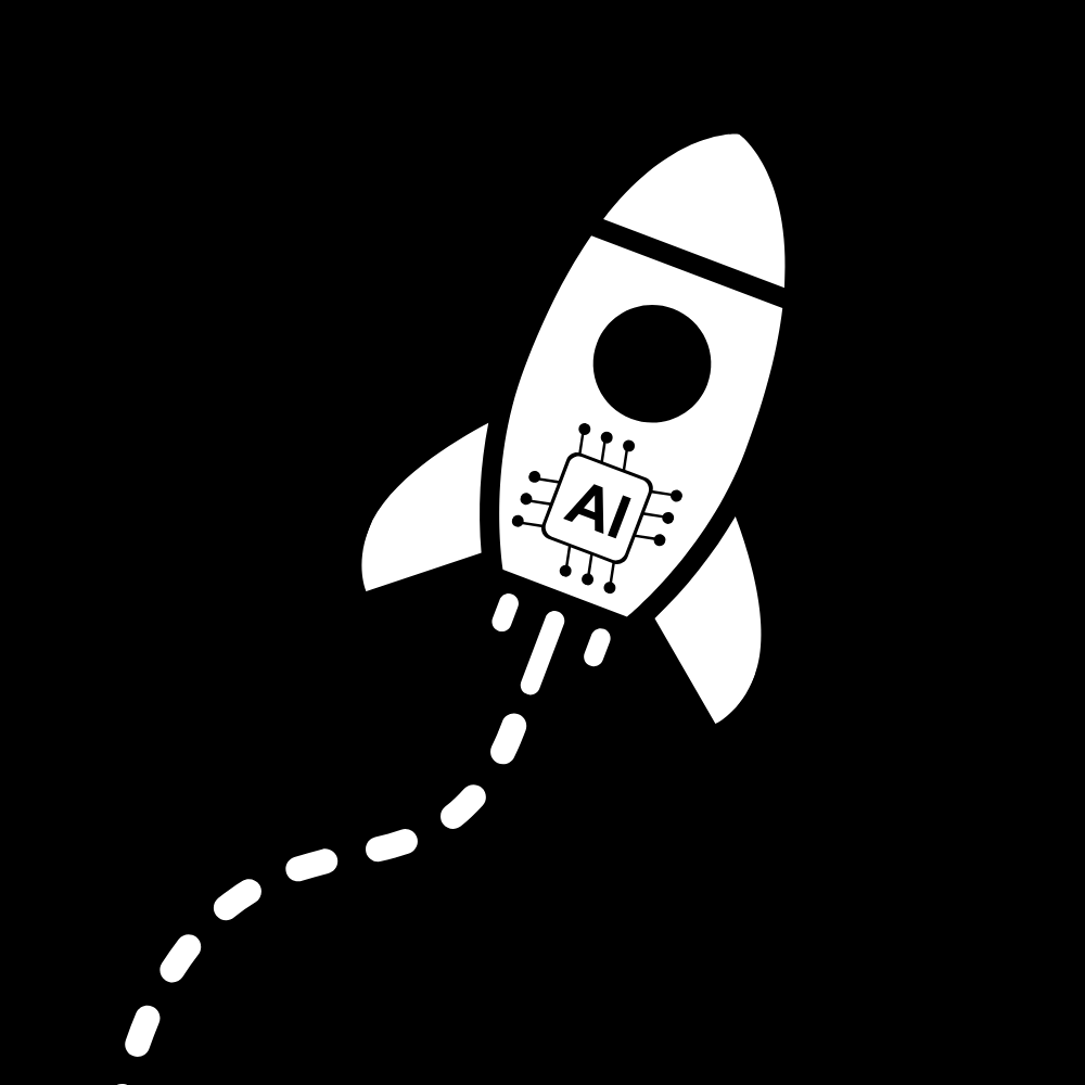 A black and white illustration of a rocket with an AI chip on its body, taking off with a dotted trail behind it.