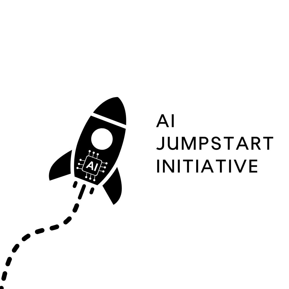 Black and white logo of a rocket with a dotted trail, featuring a microchip with 'AI' on its surface, next to the text 'AI Jumpstart Initiative'.