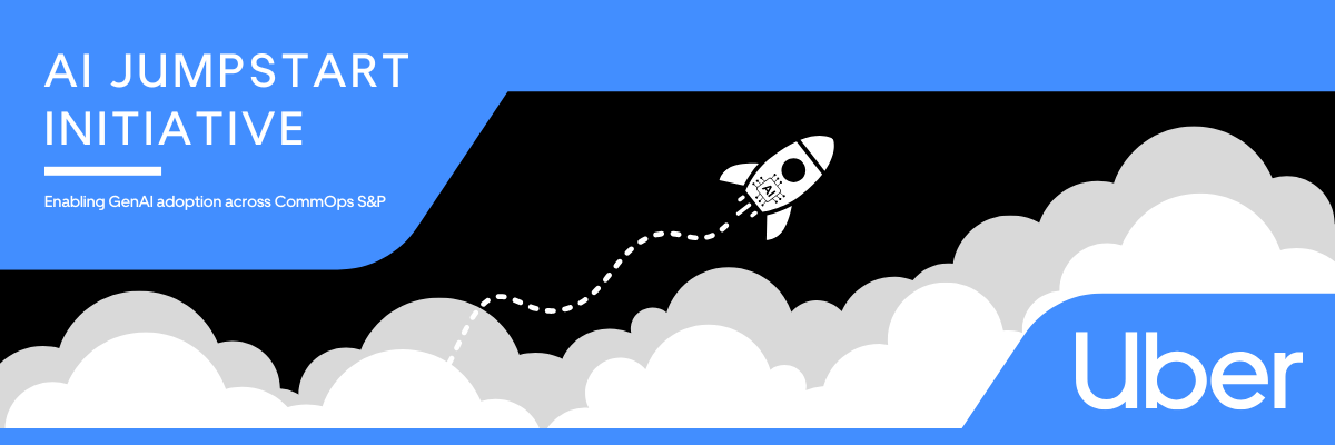 A graphic with a blue, black, and gray color scheme promoting the AI Jumpstart Initiative for Uber, featuring a rocket taking off among clouds.