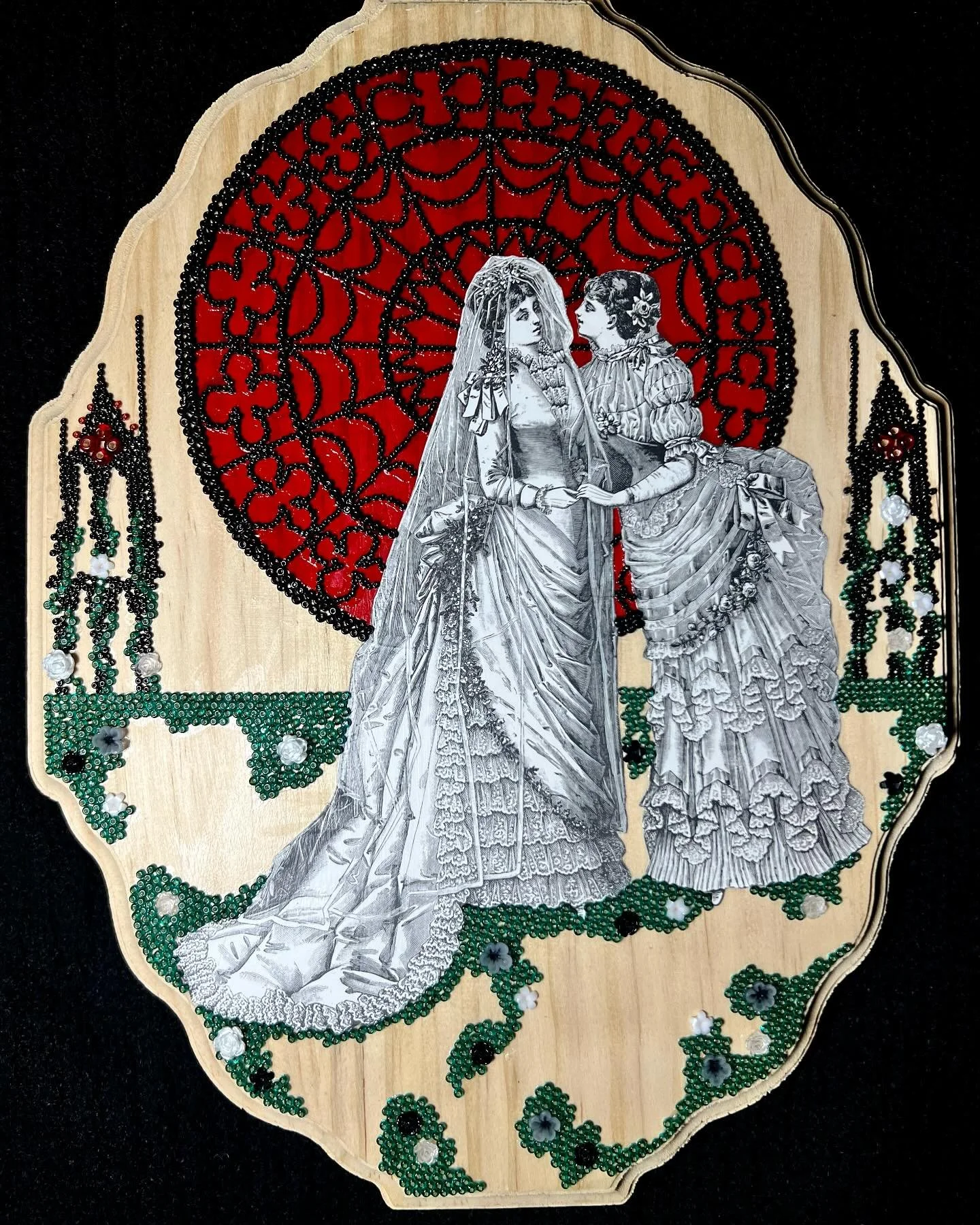 I finished The Lovers card in my Major Arcana series. 
The piece is made on a wooden canvas, glass and metal beads, and a vintage paper doll. 
The Lovers card represents love, relationships, choices, and the importance of aligning with your values. 
