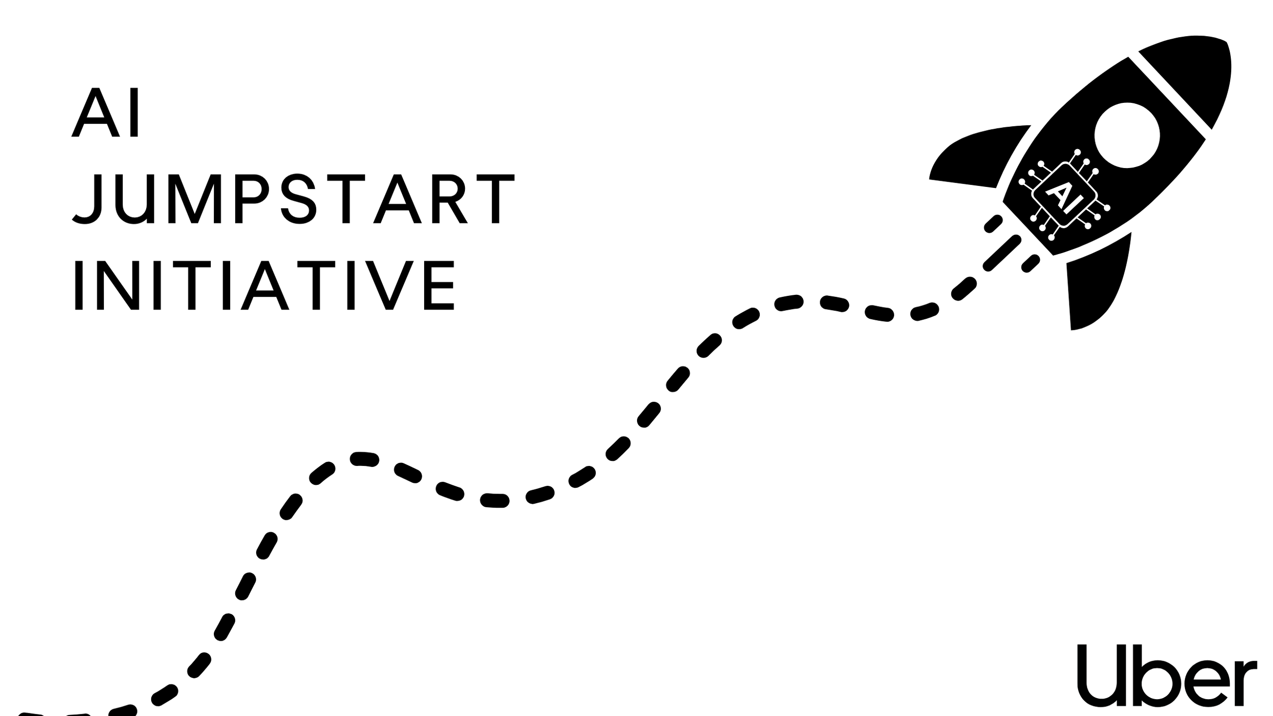 Illustration of a rocket ship with a circuit board symbol and the letters 'AI' on it, with a dotted line trail, next to the text 'AI Jumpstart Initiative' and the Uber logo.