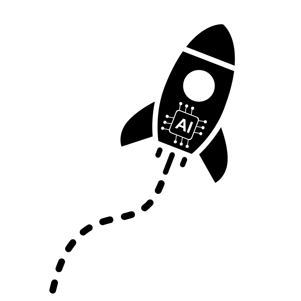 A black and white illustration of a rocket with a circuit board and AI chip on it, ascending along a dashed trajectory line.