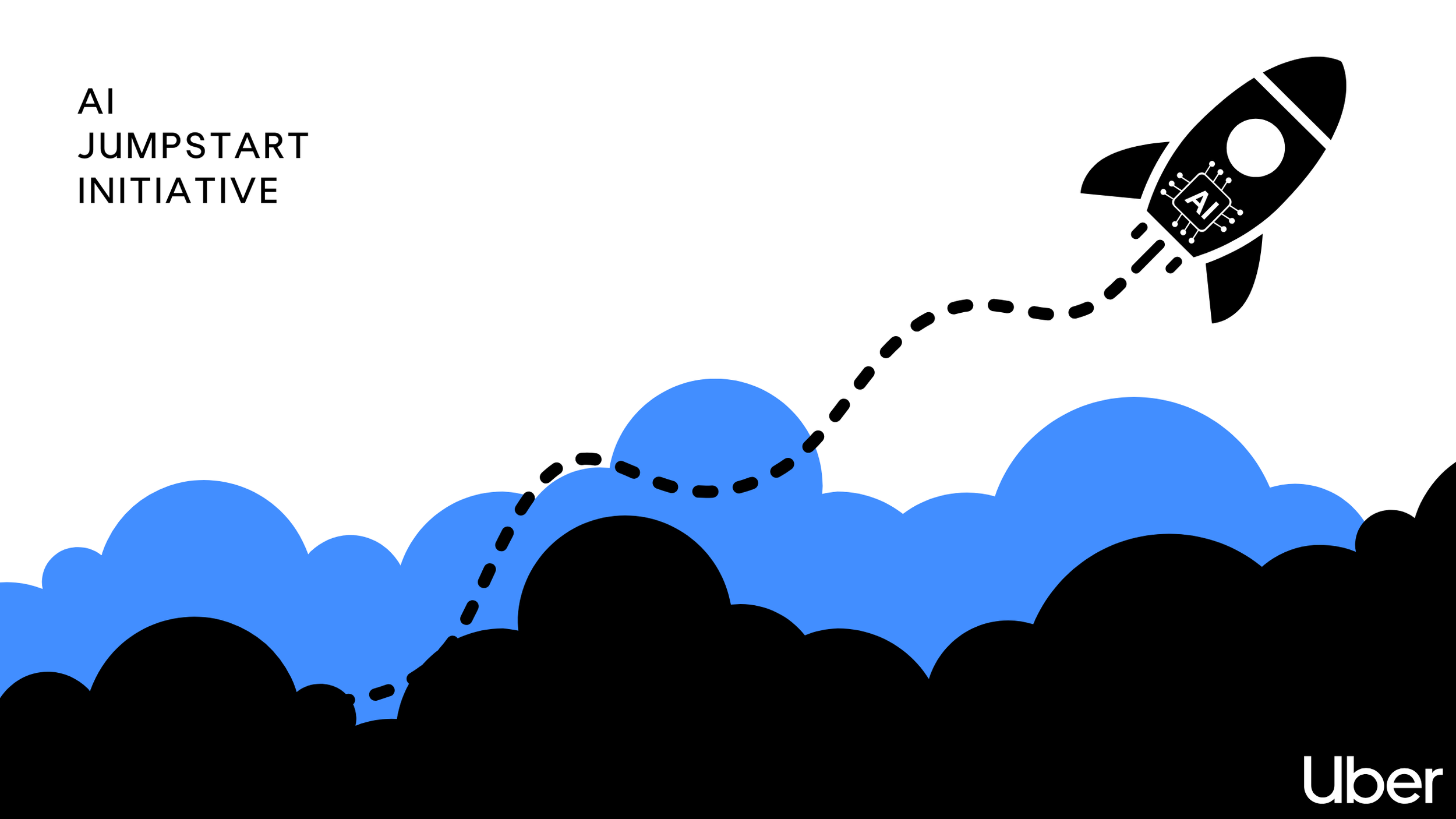 Black and blue clouds with a dotted line leading to a rocket ship. The rocket has a circuit board design and the word 'AI' on it. Text on the top left says 'AI JUMPSTART INITIATIVE.' The bottom right has the Uber logo.
