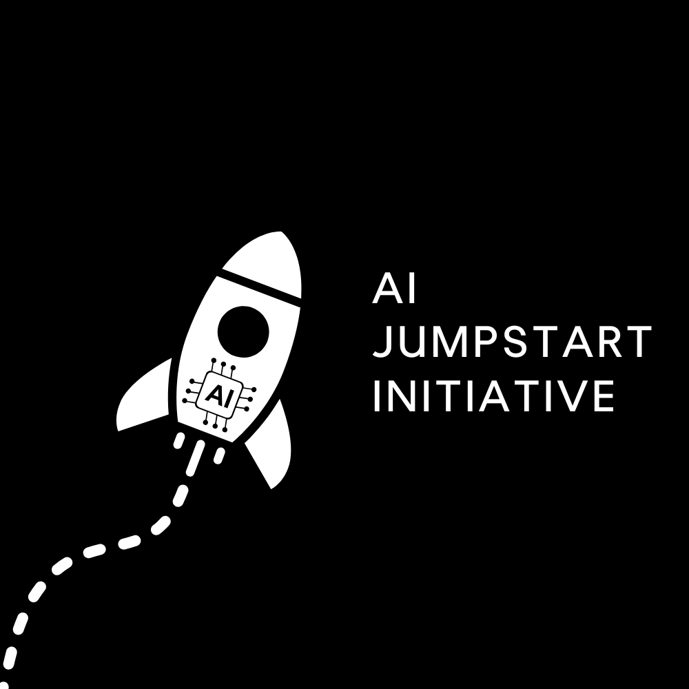 Illustration of a rocket with an AI chip on it, launching upward, next to the text 'AI JUMPSTART INITIATIVE' on a black background.